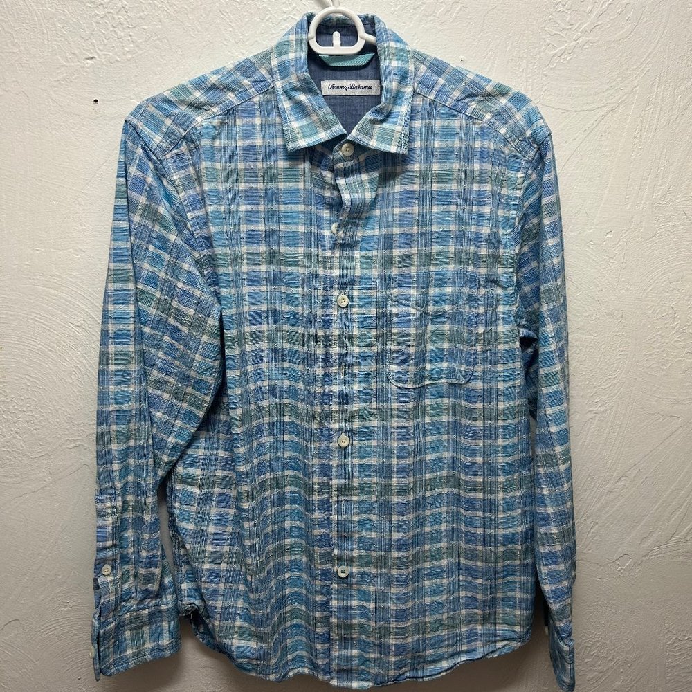 Tommy Bahama Cotton Blue-Green Plaid Long-Sleeve Button Down (Size: Small)